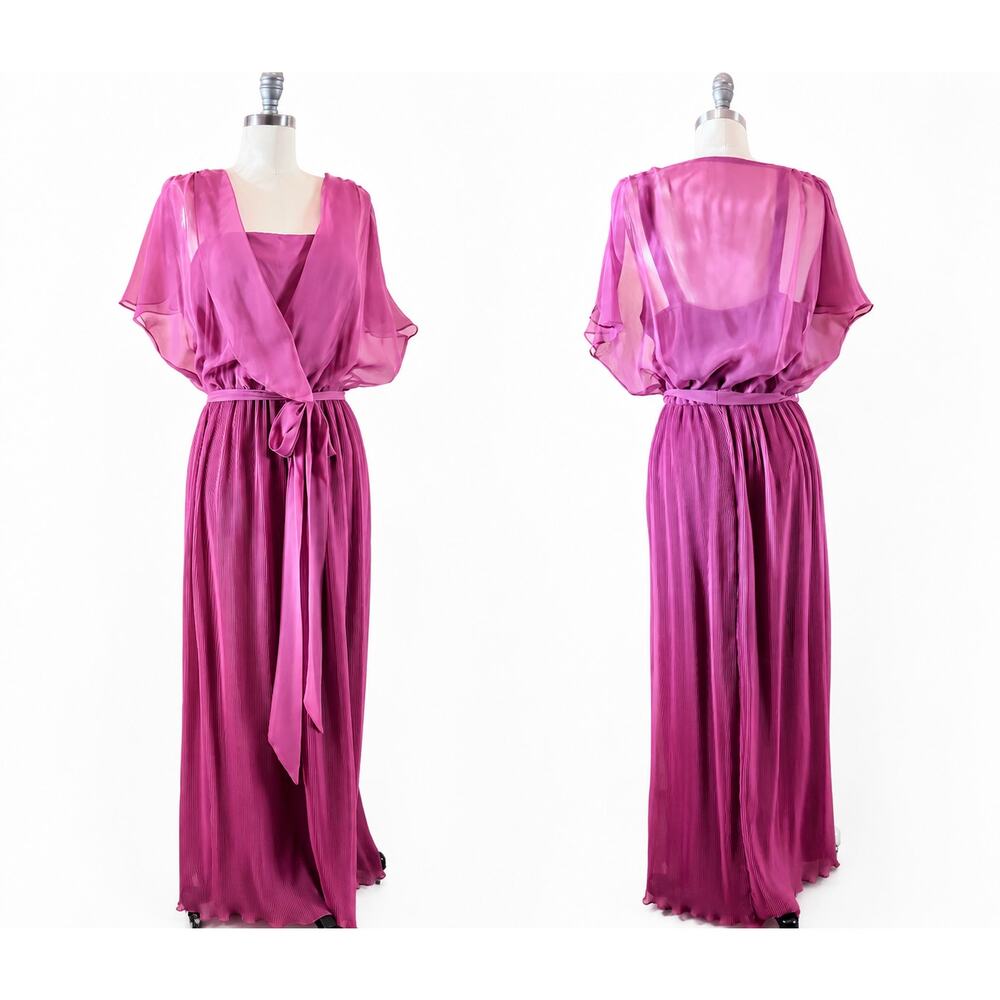 Vintage 1970s Mauve Pleated Maxi Dress Sheer Overlay Belted Size 16